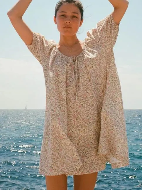 Women's Floral Print Dress Y2k Tie Front Puffle Sleeve Plaid Boho Loose Mini Dress Beach Gingham Sundress