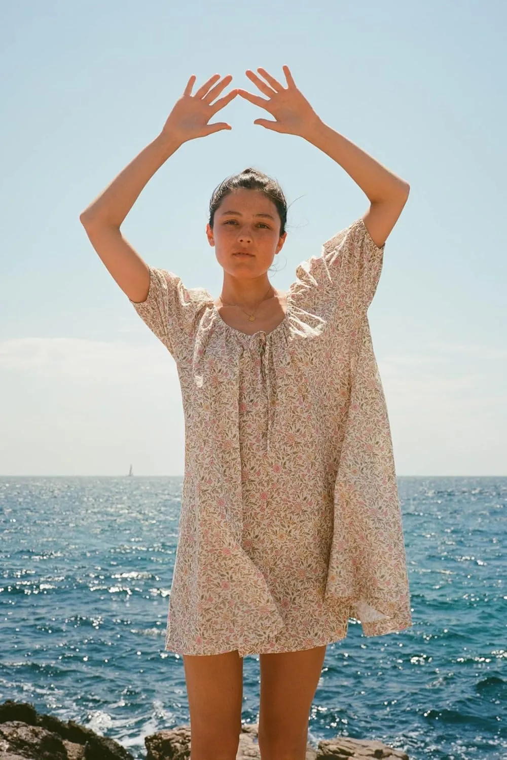 Women's Floral Print Dress Y2k Tie Front Puffle Sleeve Plaid Boho Loose Mini Dress Beach Gingham Sundress