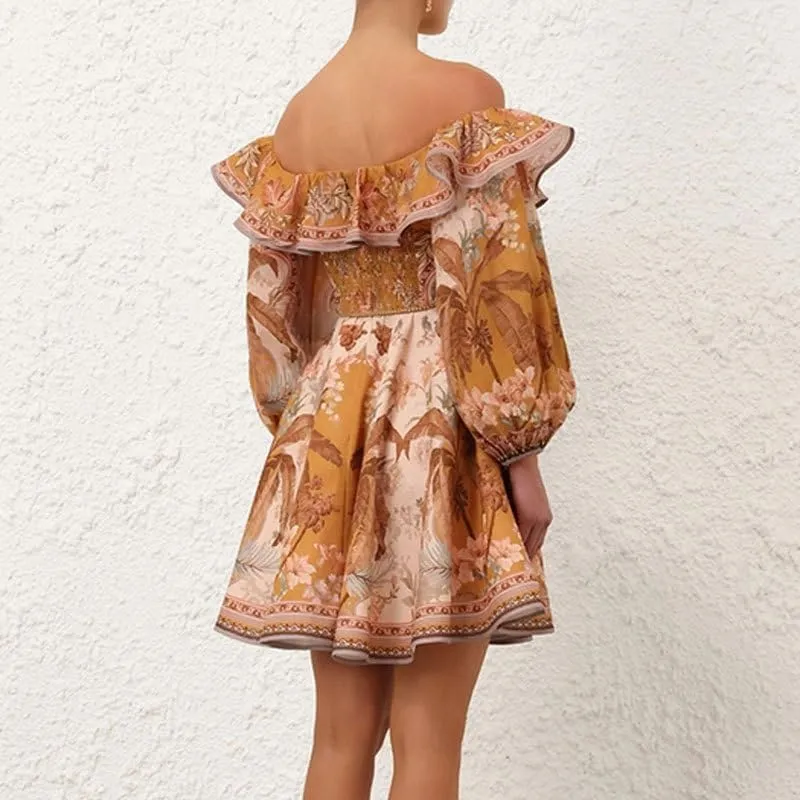 Women's Floral Print Mini Dress Off Shoulder Ruffle Short Dress Sexy Elegant Off The Shoulder Puff Long Sleeve Sundress