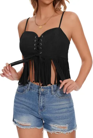 Womens Fringe Tank Top - Country Concert Outfits Festival Tassel Hem Sleeveless Y2k Camisole Cowgirl Shirts