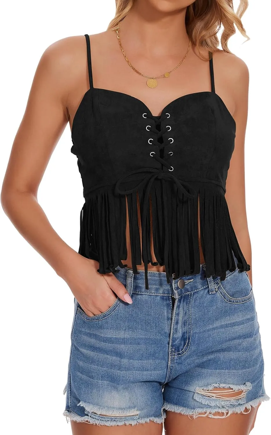 Womens Fringe Tank Top - Country Concert Outfits Festival Tassel Hem Sleeveless Y2k Camisole Cowgirl Shirts