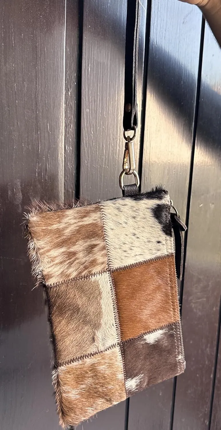 Women's Genuine Italian Hair-On Hide Leather Small Pouch Wristlet Clutch Wallet Purse, Gold Zipper