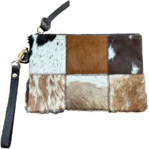 Women's Genuine Italian Hair-On Hide Leather Small Pouch Wristlet Clutch Wallet Purse, Gold Zipper