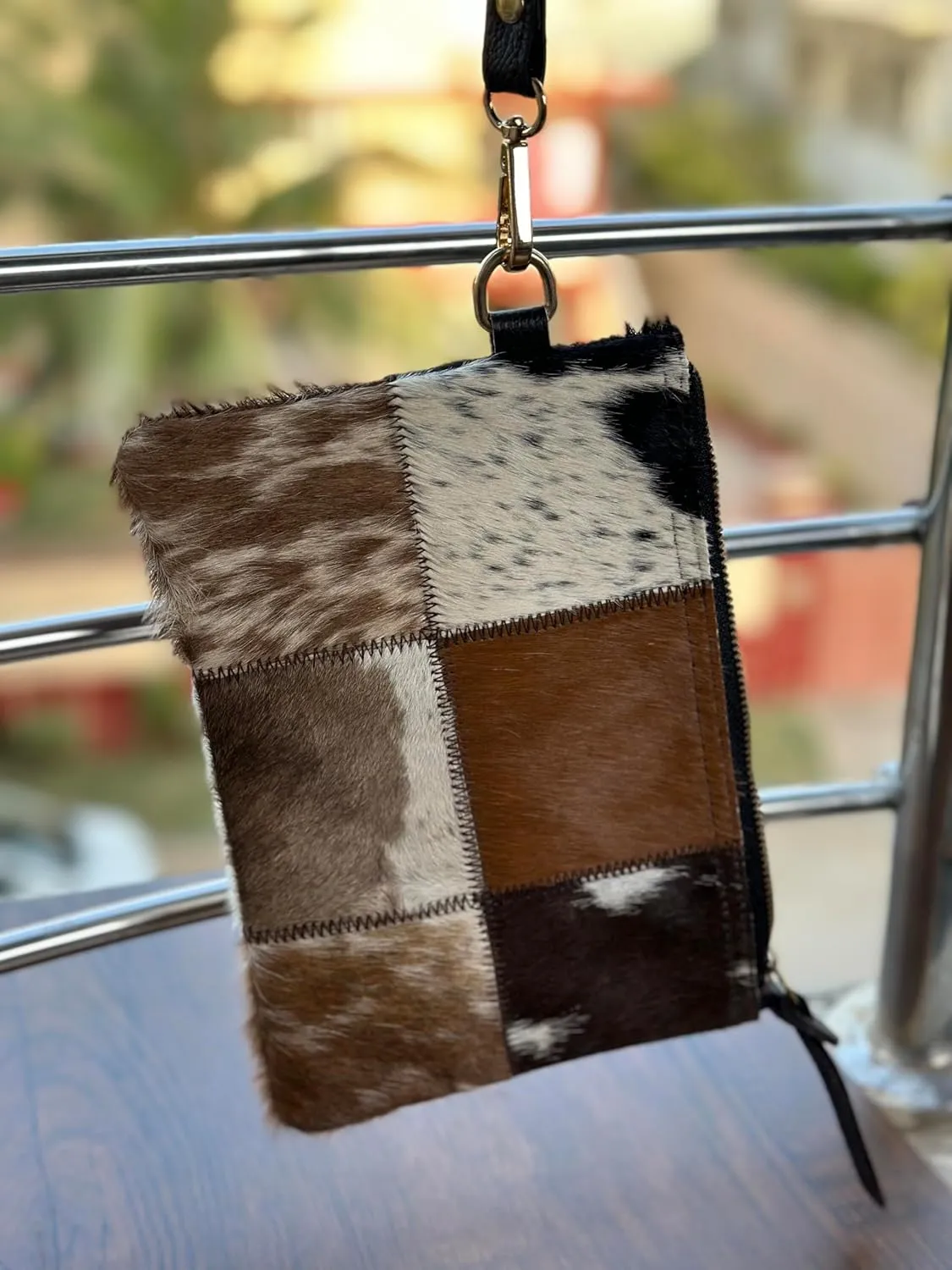Women's Genuine Italian Hair-On Hide Leather Small Pouch Wristlet Clutch Wallet Purse, Gold Zipper