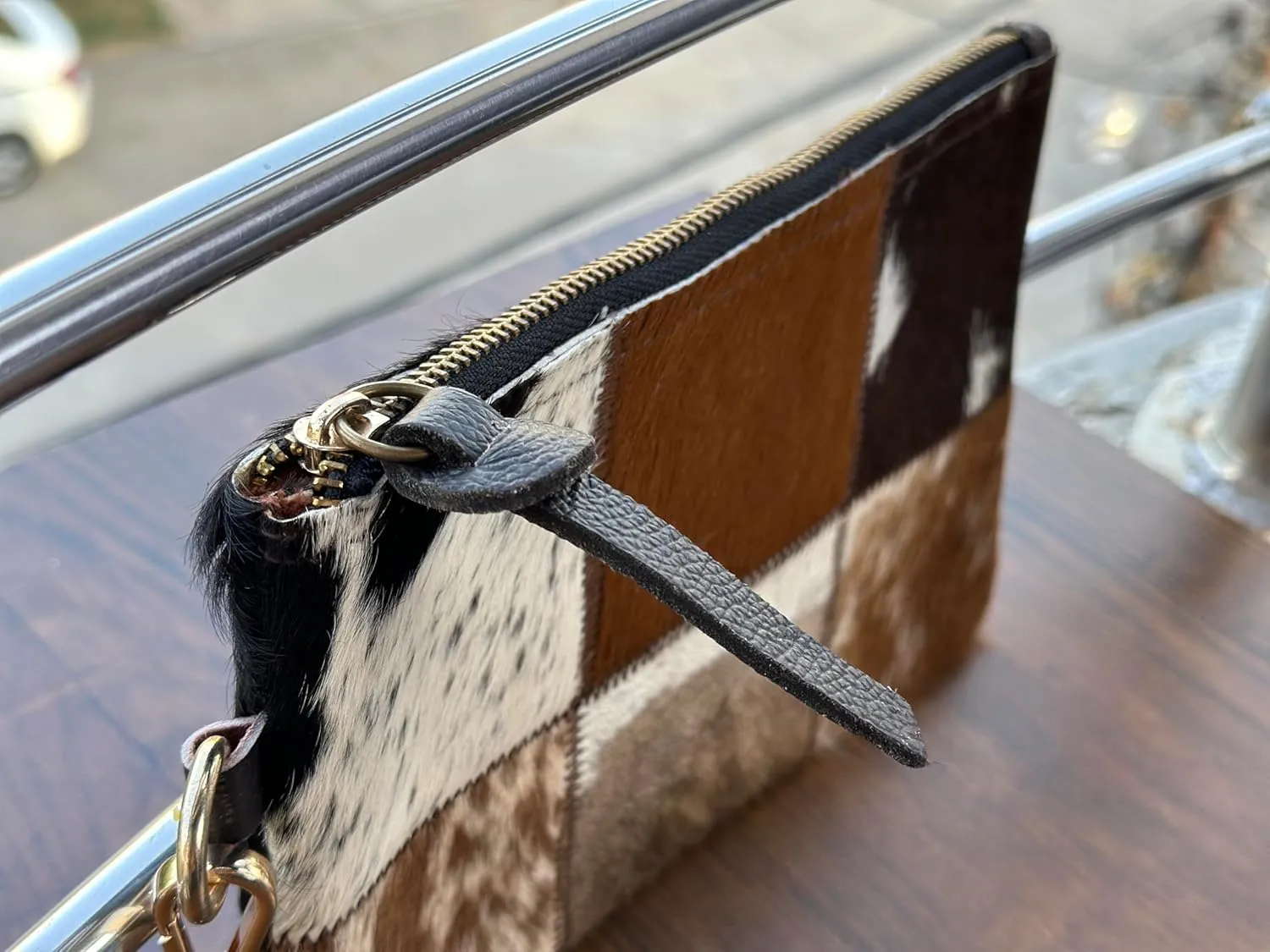 Women's Genuine Italian Hair-On Hide Leather Small Pouch Wristlet Clutch Wallet Purse, Gold Zipper