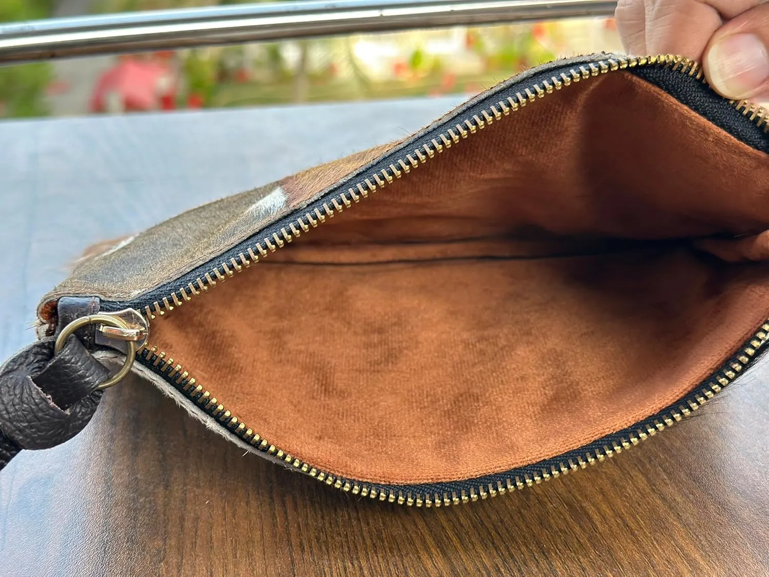 Women's Genuine Italian Hair-On Hide Leather Small Pouch Wristlet Clutch Wallet Purse, Gold Zipper