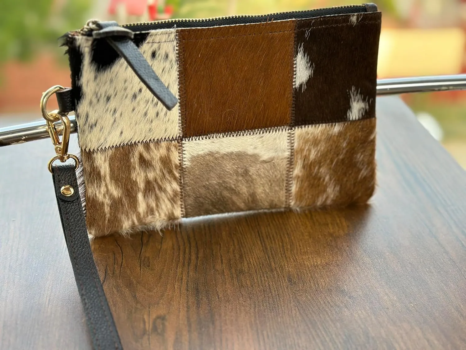 Women's Genuine Italian Hair-On Hide Leather Small Pouch Wristlet Clutch Wallet Purse, Gold Zipper