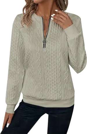 Women's Half Zip Quilted Sweatshirts Crew Neck Long Sleeve Pullover Tops Textured Solid Casual Fashion Spring Tops