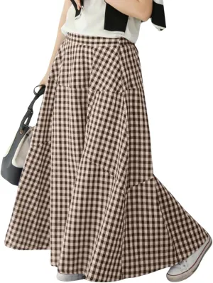Women's High Waist Plaid Gingham Skirt Casual Cotton Tiered Swing A Line Maxi Skirt