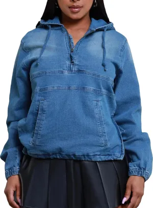 Women's Hoodies Long Sleeve Pullover Tops Loose Half Zip Denim Pullover Casual Jacket Jean Tops with Pocket