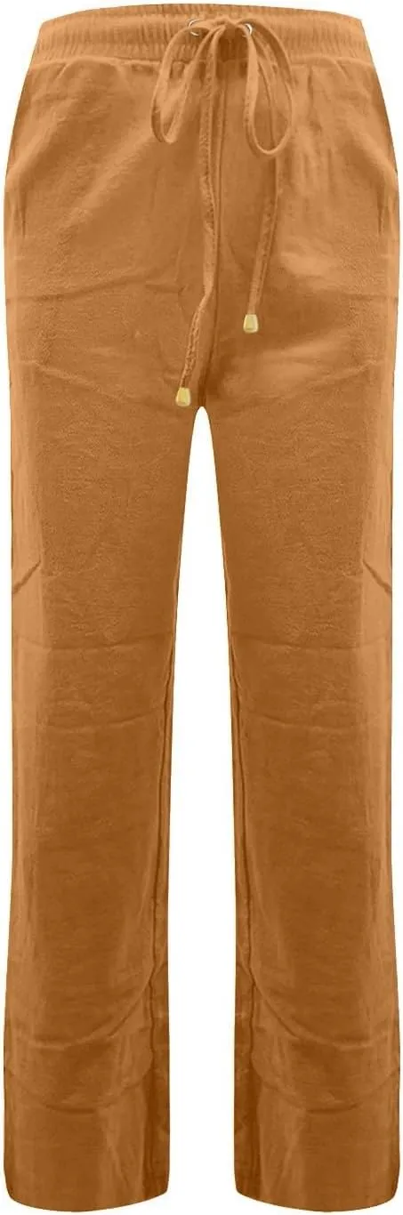 Womens Linen Pants Straight Leg High Waisted Pull On Dress Pants Summer Elastic Waist Flowy Beach Pants with Pockets