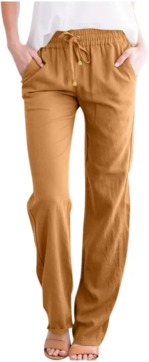 Womens Linen Pants Straight Leg High Waisted Pull On Dress Pants Summer Elastic Waist Flowy Beach Pants with Pockets