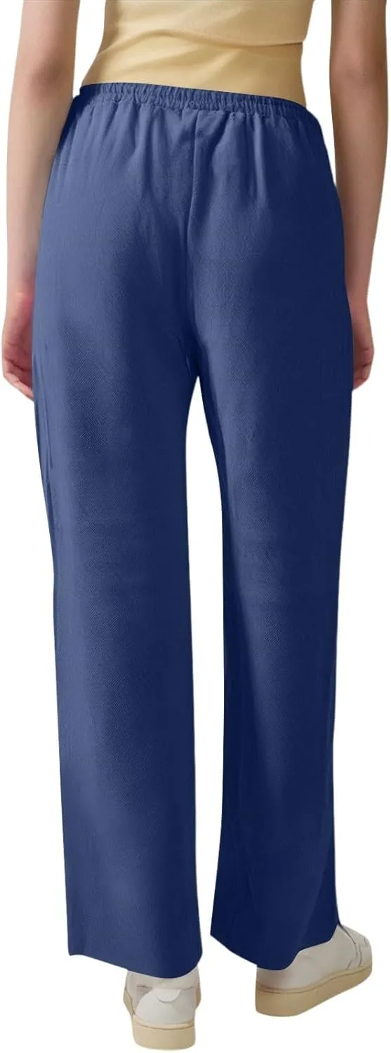 Womens Linen Pants Straight Leg High Waisted Pull On Dress Pants Summer Elastic Waist Flowy Beach Pants with Pockets