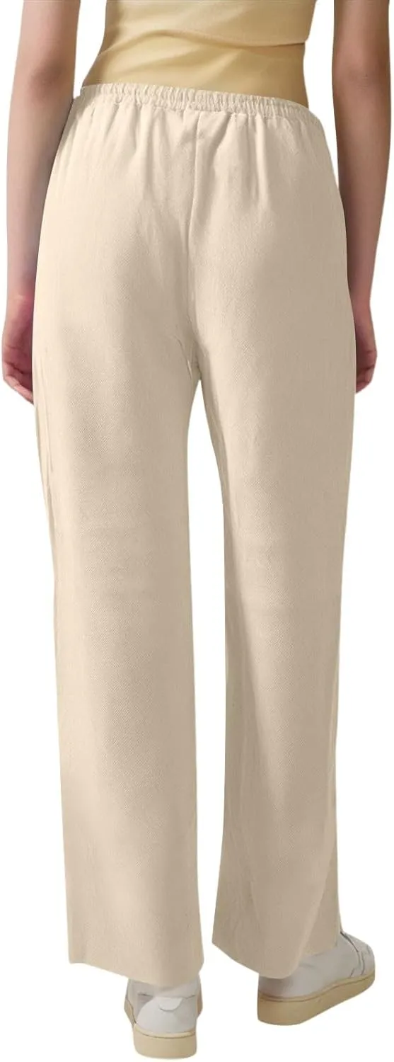 Womens Linen Pants Straight Leg High Waisted Pull On Dress Pants Summer Elastic Waist Flowy Beach Pants with Pockets