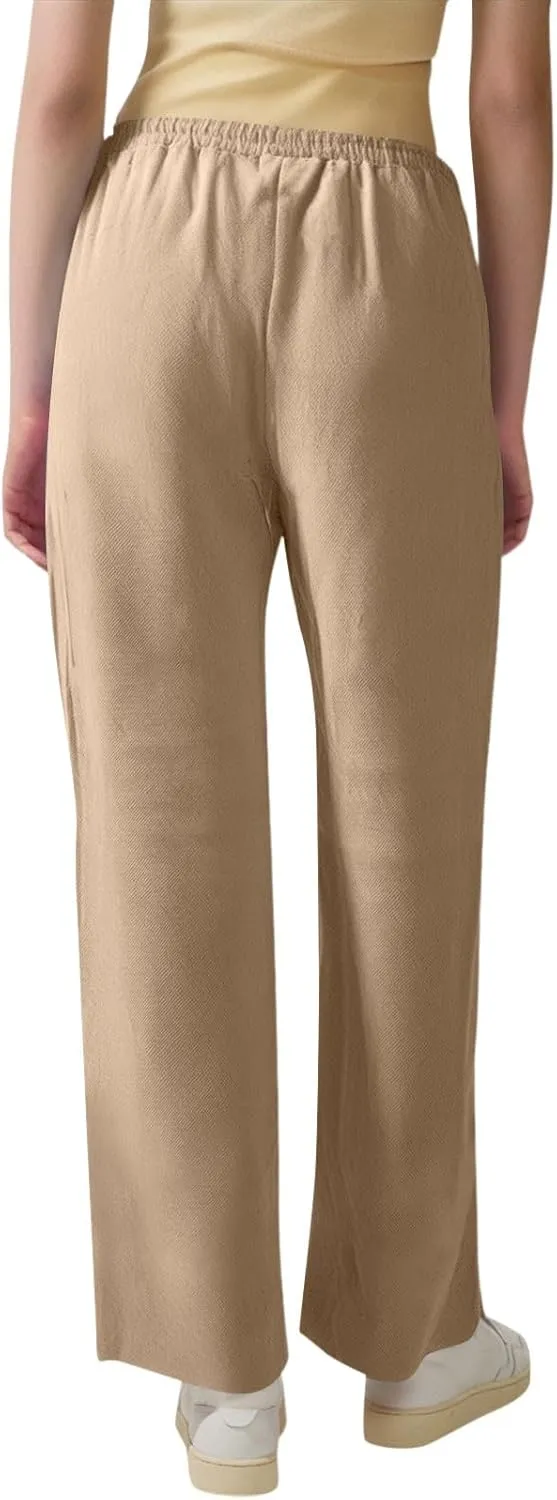 Womens Linen Pants Straight Leg High Waisted Pull On Dress Pants Summer Elastic Waist Flowy Beach Pants with Pockets