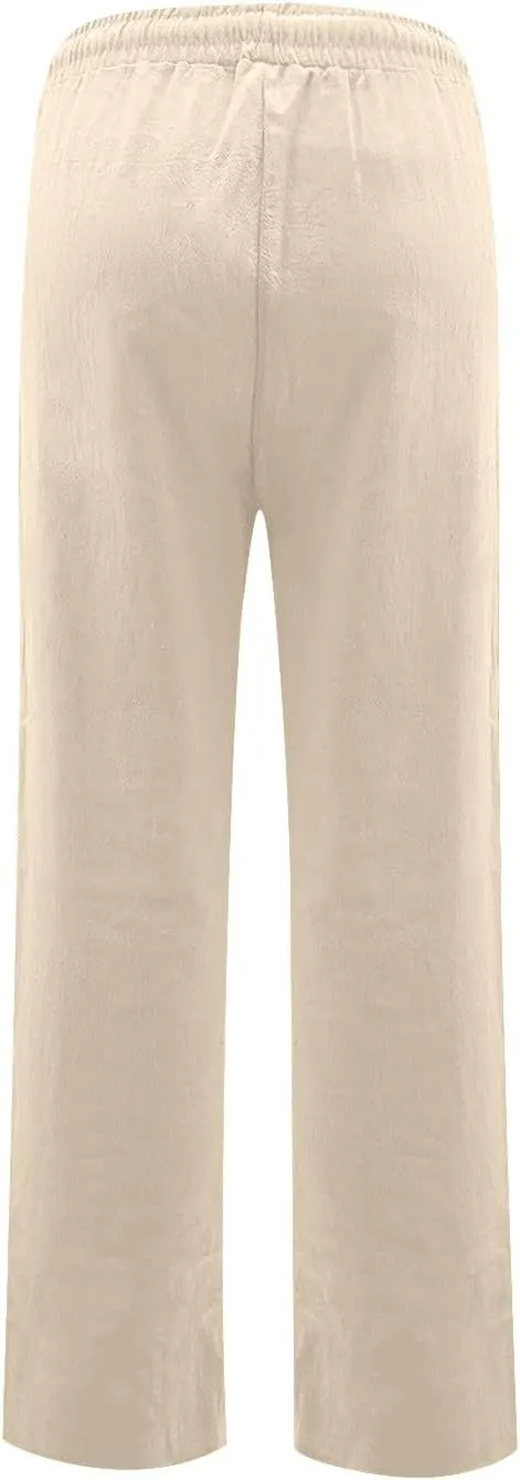 Womens Linen Pants Straight Leg High Waisted Pull On Dress Pants Summer Elastic Waist Flowy Beach Pants with Pockets