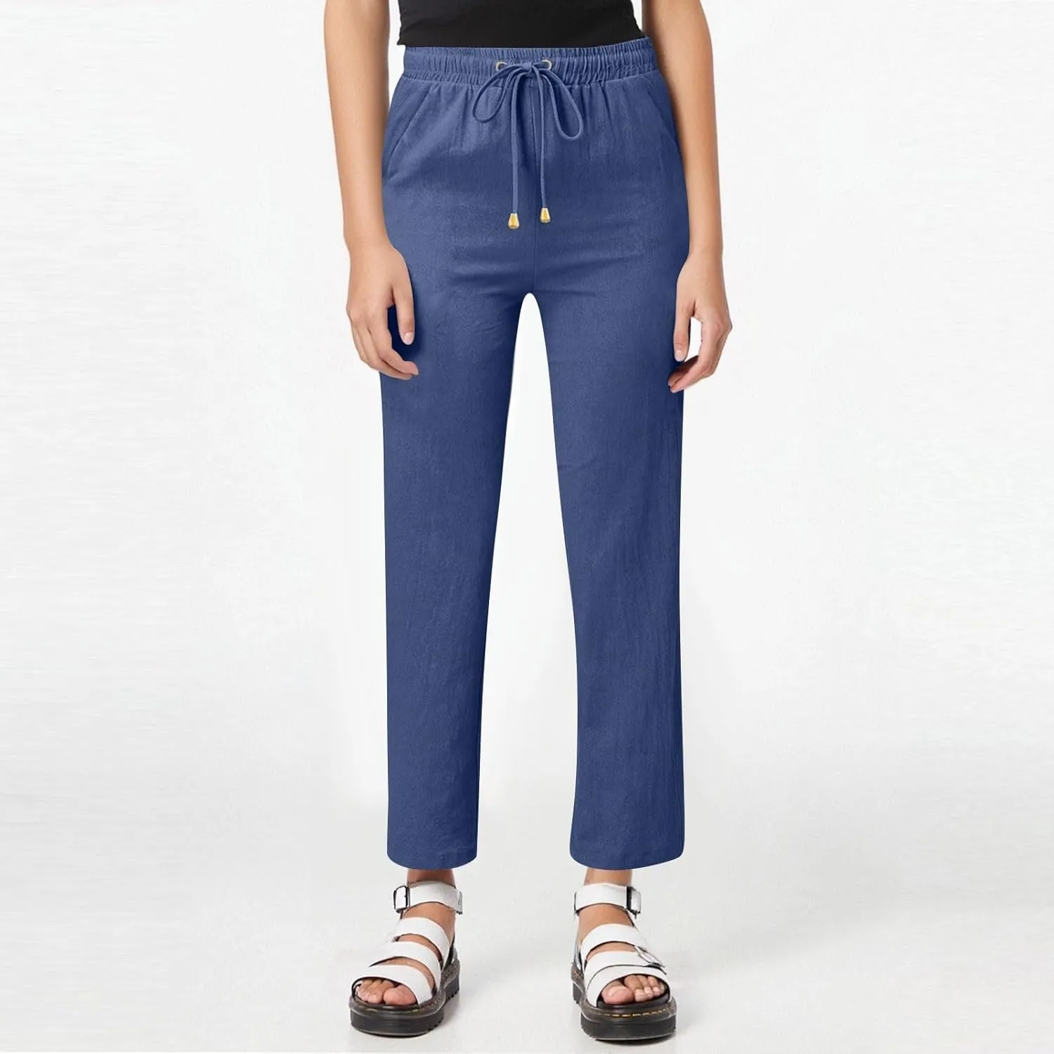 Womens Linen Pants Straight Leg High Waisted Pull On Dress Pants Summer Elastic Waist Flowy Beach Pants with Pockets