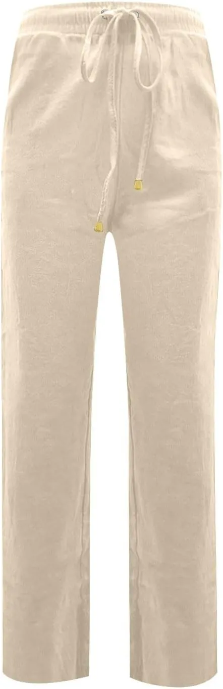 Womens Linen Pants Straight Leg High Waisted Pull On Dress Pants Summer Elastic Waist Flowy Beach Pants with Pockets
