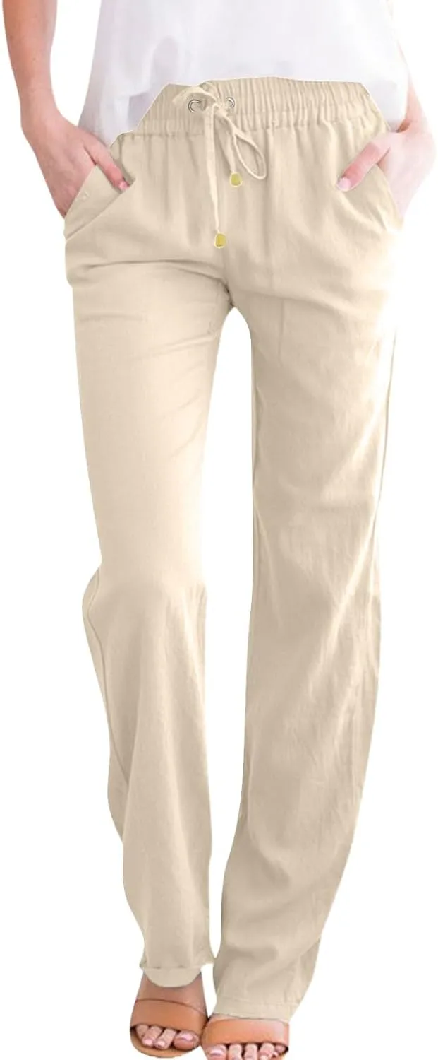 Womens Linen Pants Straight Leg High Waisted Pull On Dress Pants Summer Elastic Waist Flowy Beach Pants with Pockets