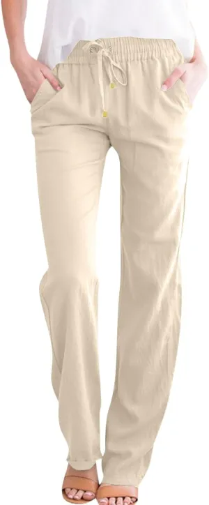 Womens Linen Pants Straight Leg High Waisted Pull On Dress Pants Summer Elastic Waist Flowy Beach Pants with Pockets