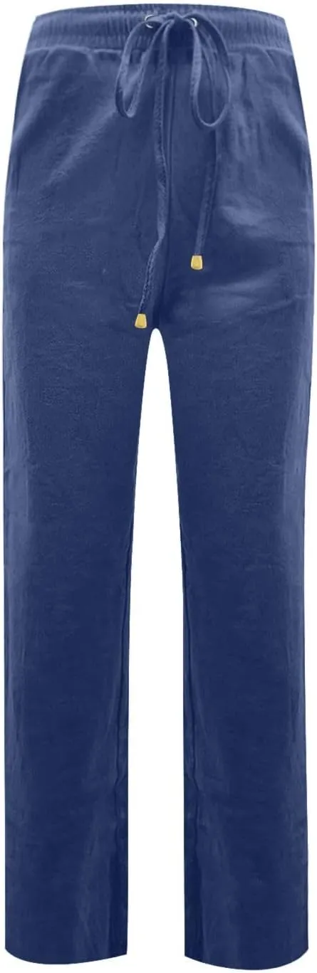 Womens Linen Pants Straight Leg High Waisted Pull On Dress Pants Summer Elastic Waist Flowy Beach Pants with Pockets