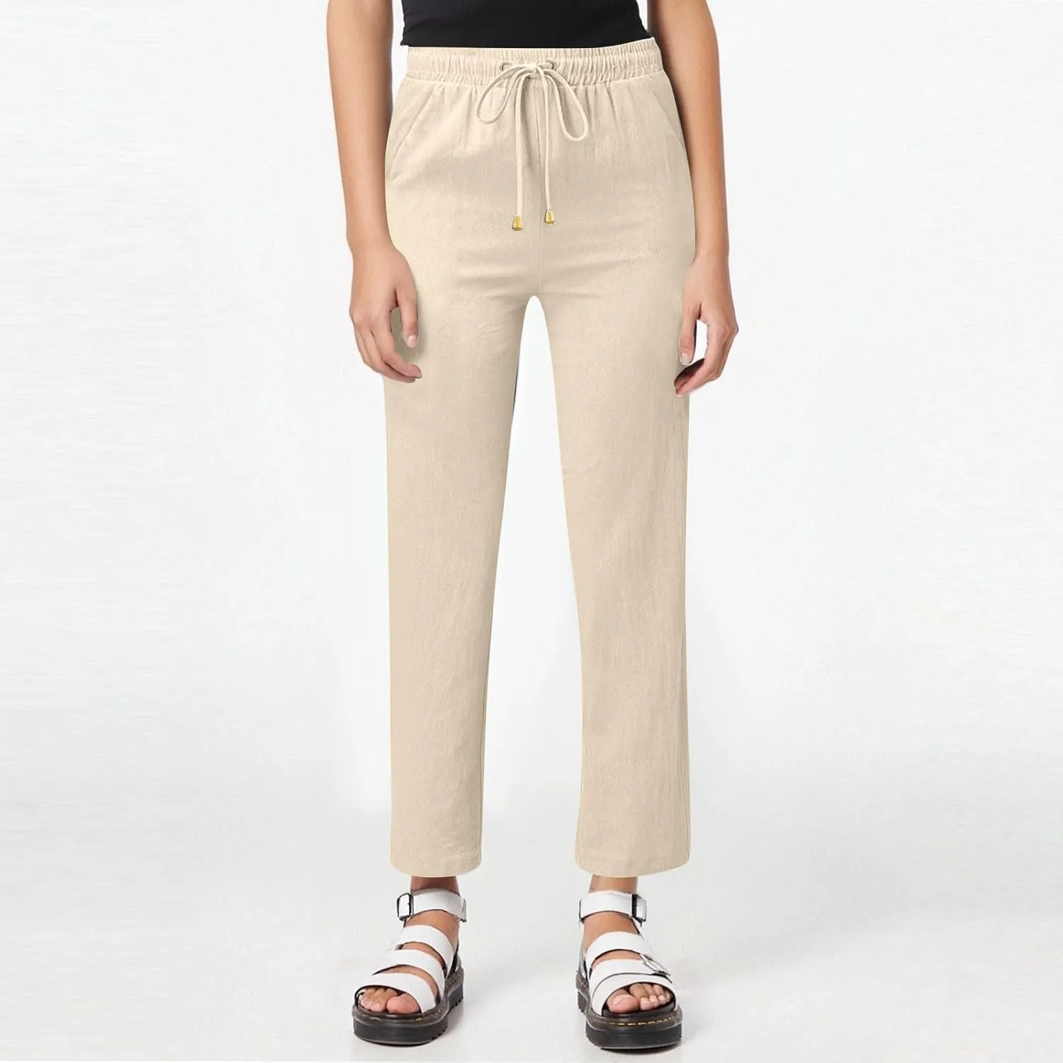 Womens Linen Pants Straight Leg High Waisted Pull On Dress Pants Summer Elastic Waist Flowy Beach Pants with Pockets