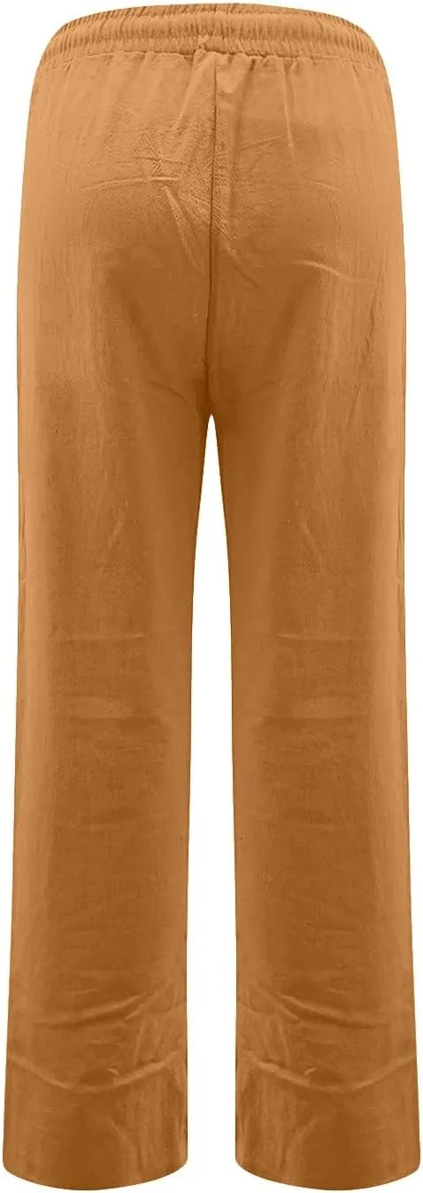 Womens Linen Pants Straight Leg High Waisted Pull On Dress Pants Summer Elastic Waist Flowy Beach Pants with Pockets