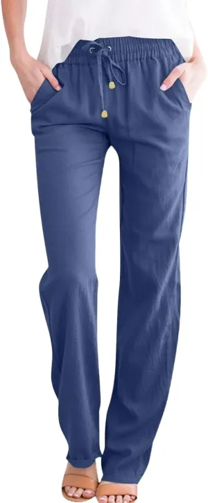 Womens Linen Pants Straight Leg High Waisted Pull On Dress Pants Summer Elastic Waist Flowy Beach Pants with Pockets