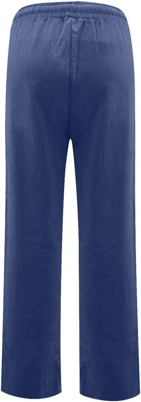 Womens Linen Pants Straight Leg High Waisted Pull On Dress Pants Summer Elastic Waist Flowy Beach Pants with Pockets