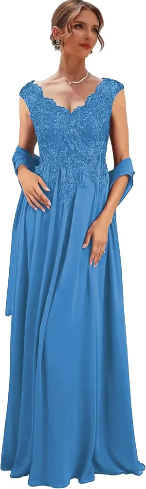Women's Long Mother of The Bride Dresses for Wedding Lace Chiffon Formal Dress with Shawl V Neck Evening Gown