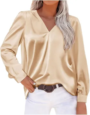 Women's New Satin Pleated V-neck Casual Loose Fitting Long Sleeved Shirt Tops,2024 Fall&Winter Womens Trendy Tops