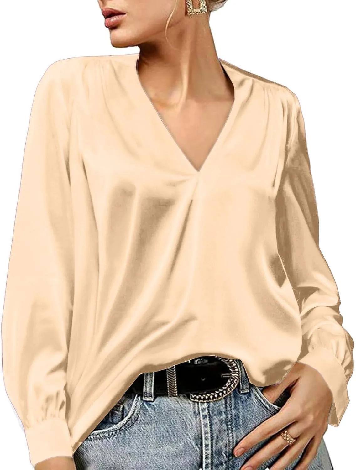 Women's New Satin Pleated V-neck Casual Loose Fitting Long Sleeved Shirt Tops,2024 Fall&Winter Womens Trendy Tops