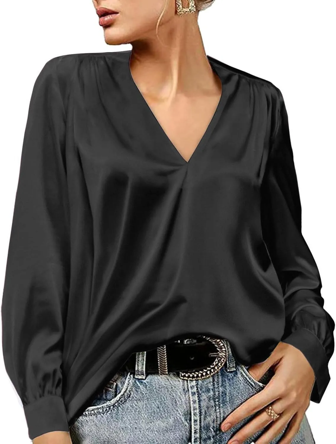 Women's New Satin Pleated V-neck Casual Loose Fitting Long Sleeved Shirt Tops,2024 Fall&Winter Womens Trendy Tops