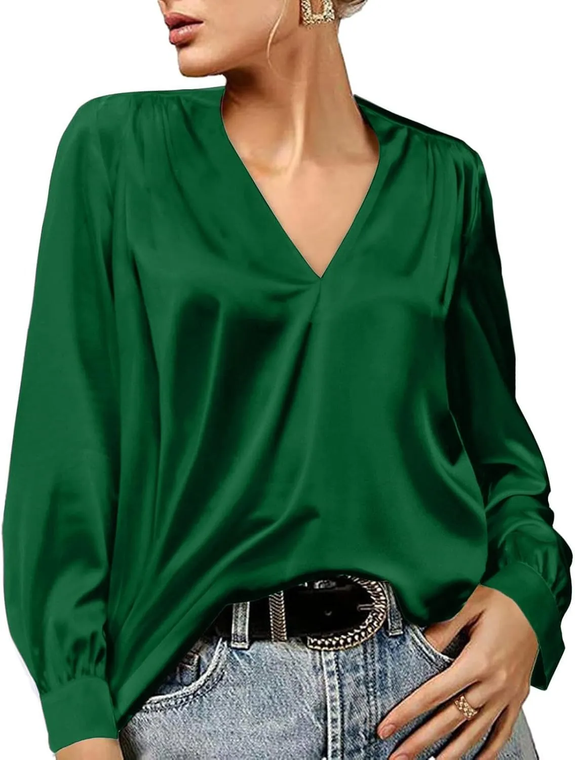 Women's New Satin Pleated V-neck Casual Loose Fitting Long Sleeved Shirt Tops,2024 Fall&Winter Womens Trendy Tops