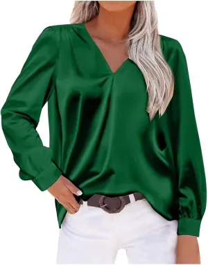 Women's New Satin Pleated V-neck Casual Loose Fitting Long Sleeved Shirt Tops,2024 Fall&Winter Womens Trendy Tops