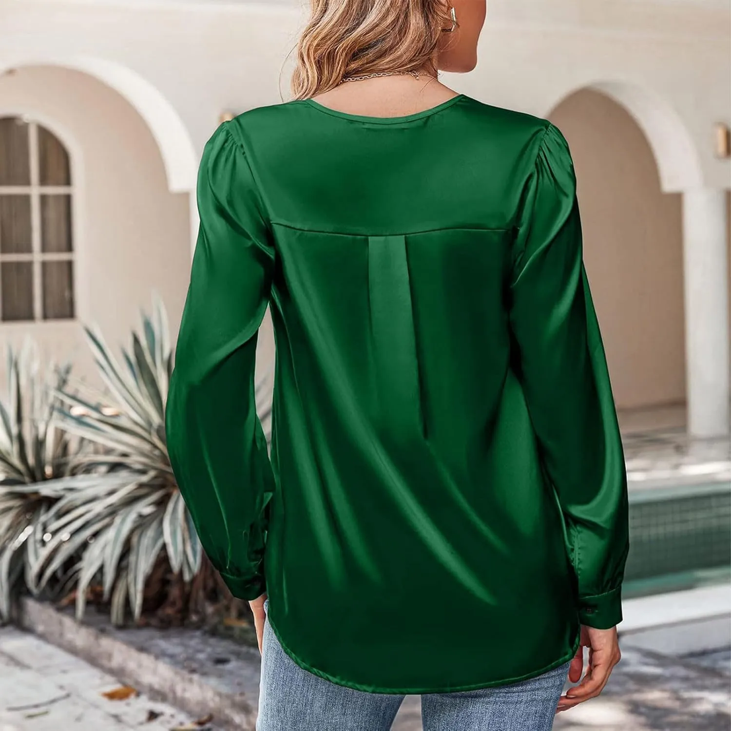 Women's New Satin Pleated V-neck Casual Loose Fitting Long Sleeved Shirt Tops,2024 Fall&Winter Womens Trendy Tops