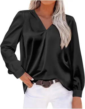 Women's New Satin Pleated V-neck Casual Loose Fitting Long Sleeved Shirt Tops,2024 Fall&Winter Womens Trendy Tops