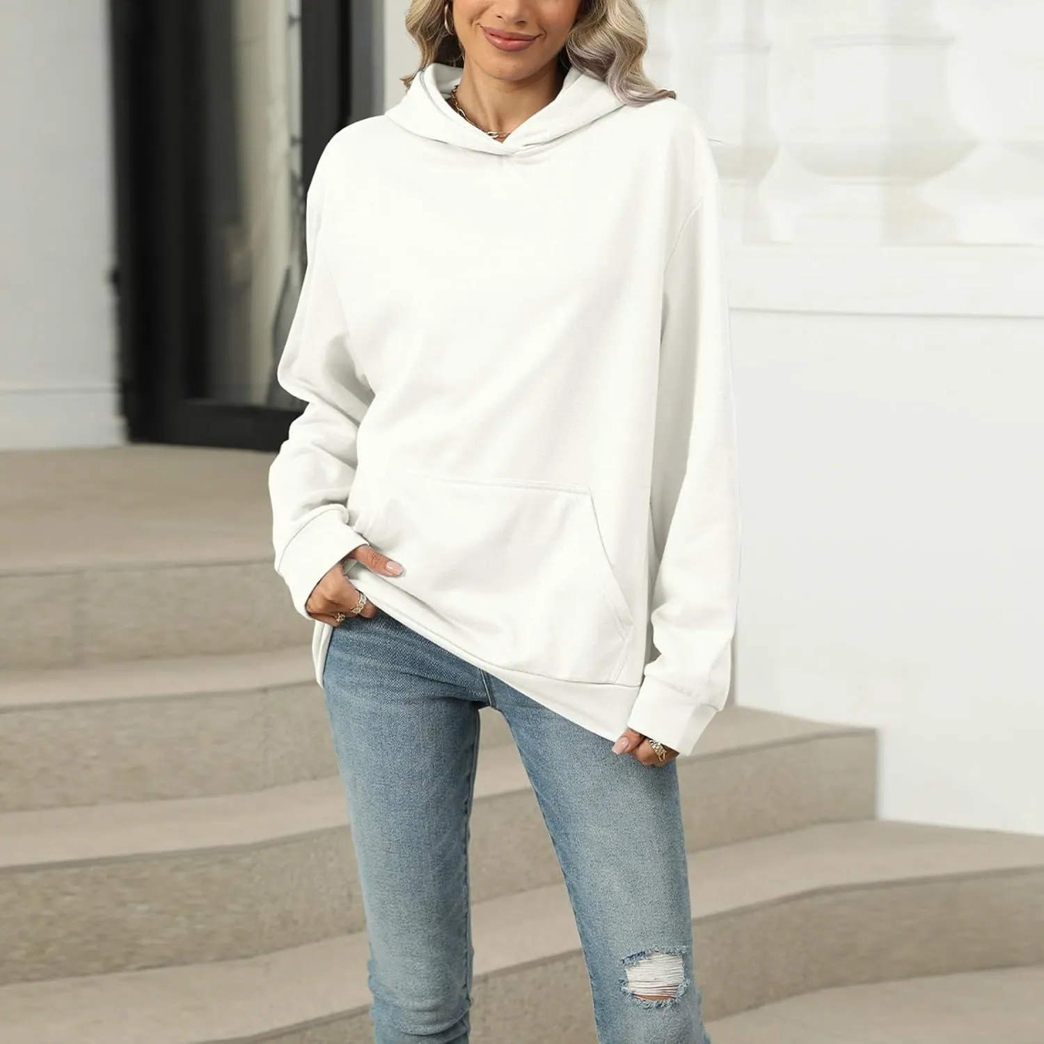 Womens Oversized Hoodies 2024 Fashion Basic Sweatshirts Drawstring Tops Hooded Pullover Tops Outfits with Pocket