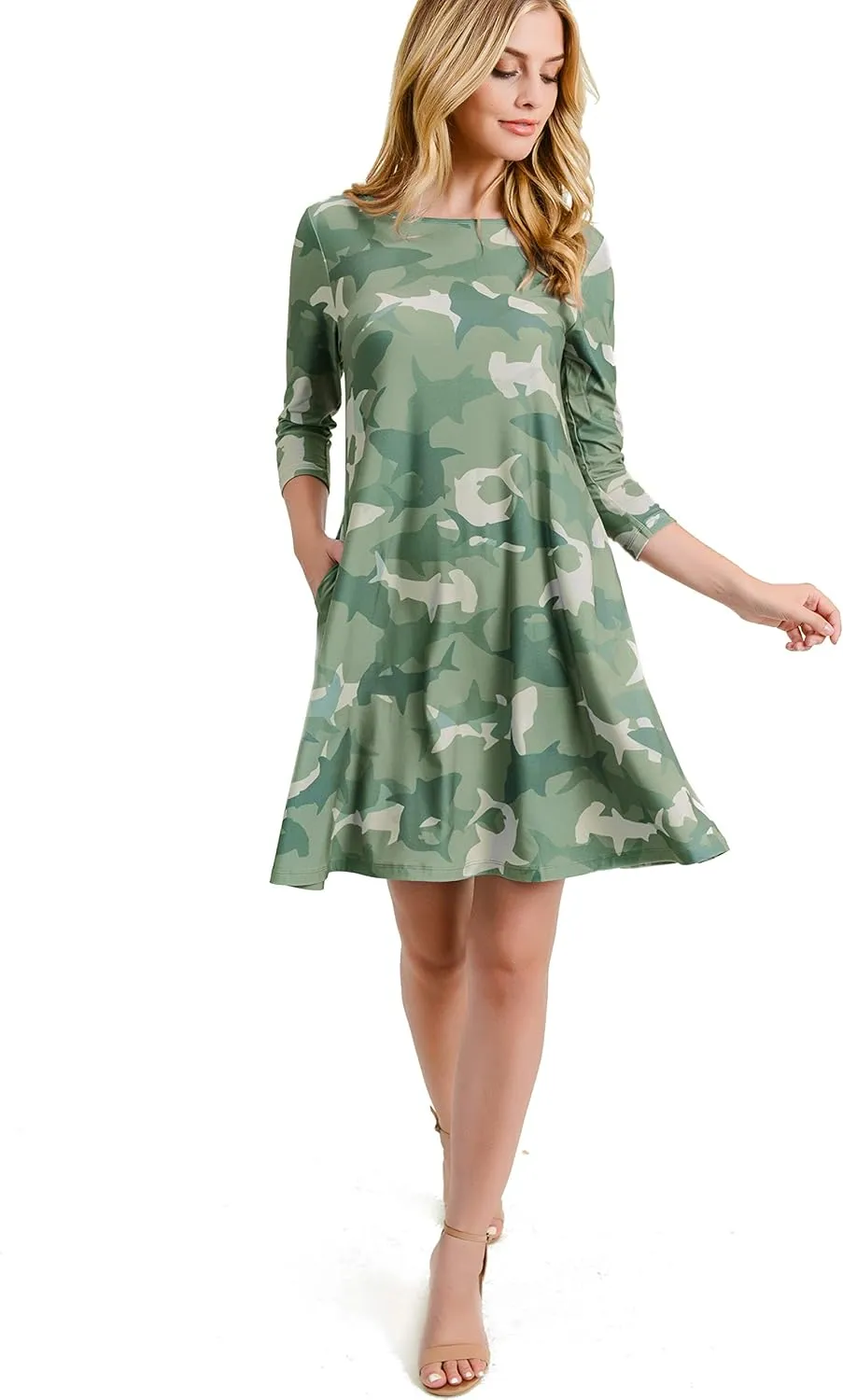 Womens Printed Crew Neck A-Line Dresses with Pockets Casual Tropical Floral Novelty Animal Christmas Patterns