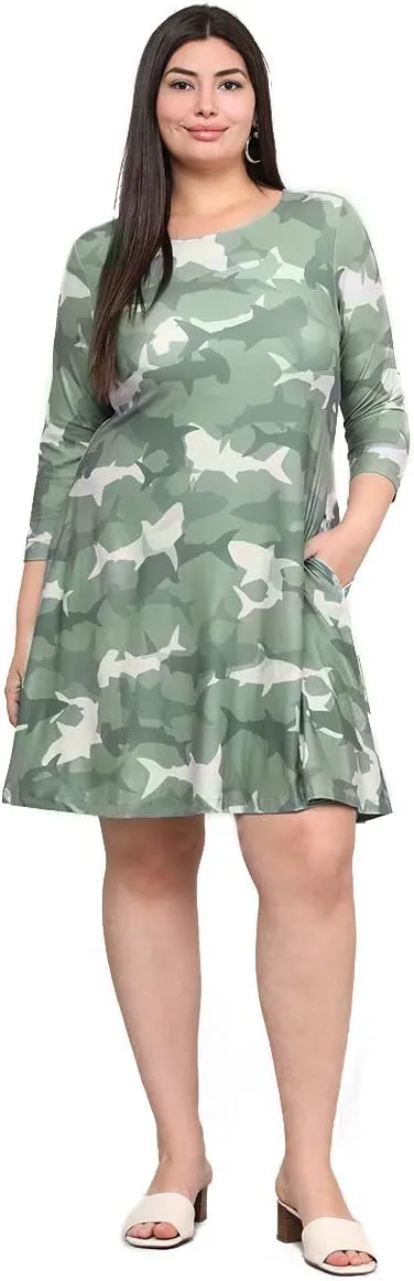 Womens Printed Crew Neck A-Line Dresses with Pockets Casual Tropical Floral Novelty Animal Christmas Patterns