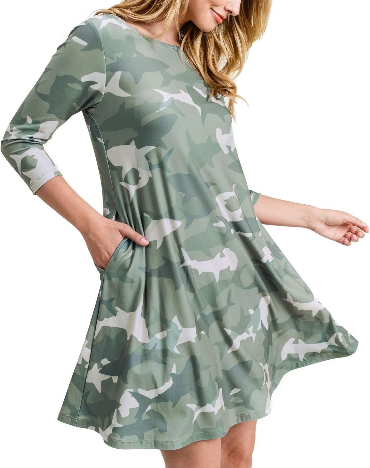 Womens Printed Crew Neck A-Line Dresses with Pockets Casual Tropical Floral Novelty Animal Christmas Patterns