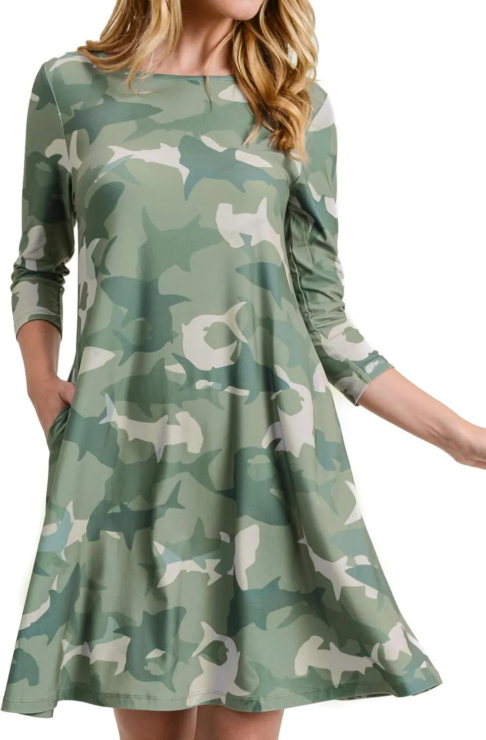 Womens Printed Crew Neck A-Line Dresses with Pockets Casual Tropical Floral Novelty Animal Christmas Patterns