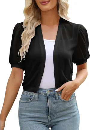 Women's Puff Sleeve Bolero Shrugs Sheer Chiffon Cropped Open Front Cardigans Short Sleeve Shrug for Evening Dress