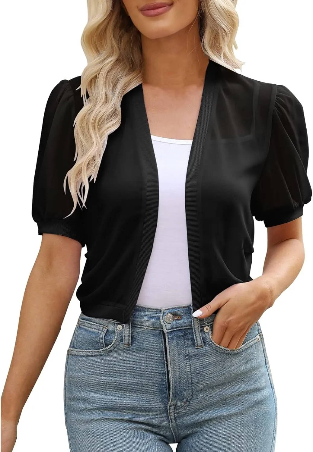 Women's Puff Sleeve Bolero Shrugs Sheer Chiffon Cropped Open Front Cardigans Short Sleeve Shrug for Evening Dress