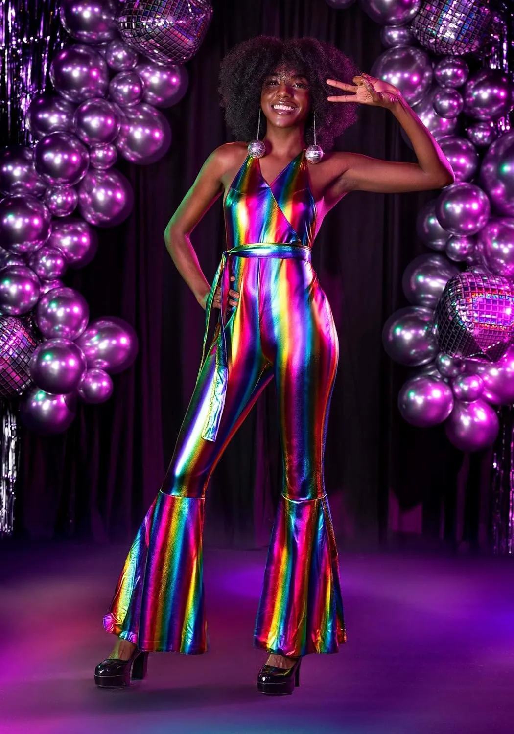 Women's Rainbow Rave Disco Costume | Colorful Metallic Jumpsuit & Flared Pants | 70s 80s Outfits