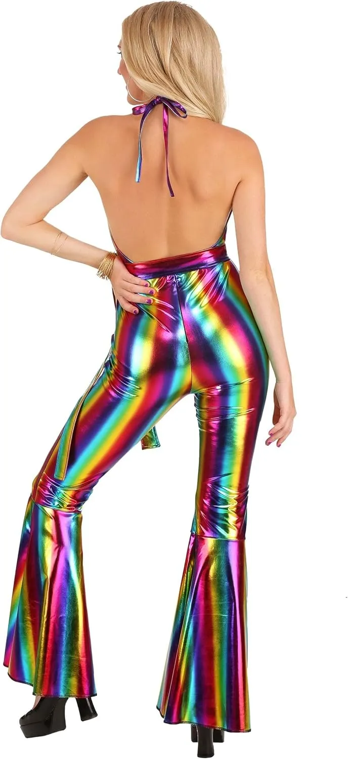 Women's Rainbow Rave Disco Costume | Colorful Metallic Jumpsuit & Flared Pants | 70s 80s Outfits