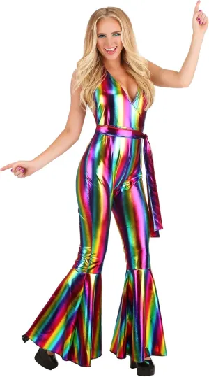Women's Rainbow Rave Disco Costume | Colorful Metallic Jumpsuit & Flared Pants | 70s 80s Outfits
