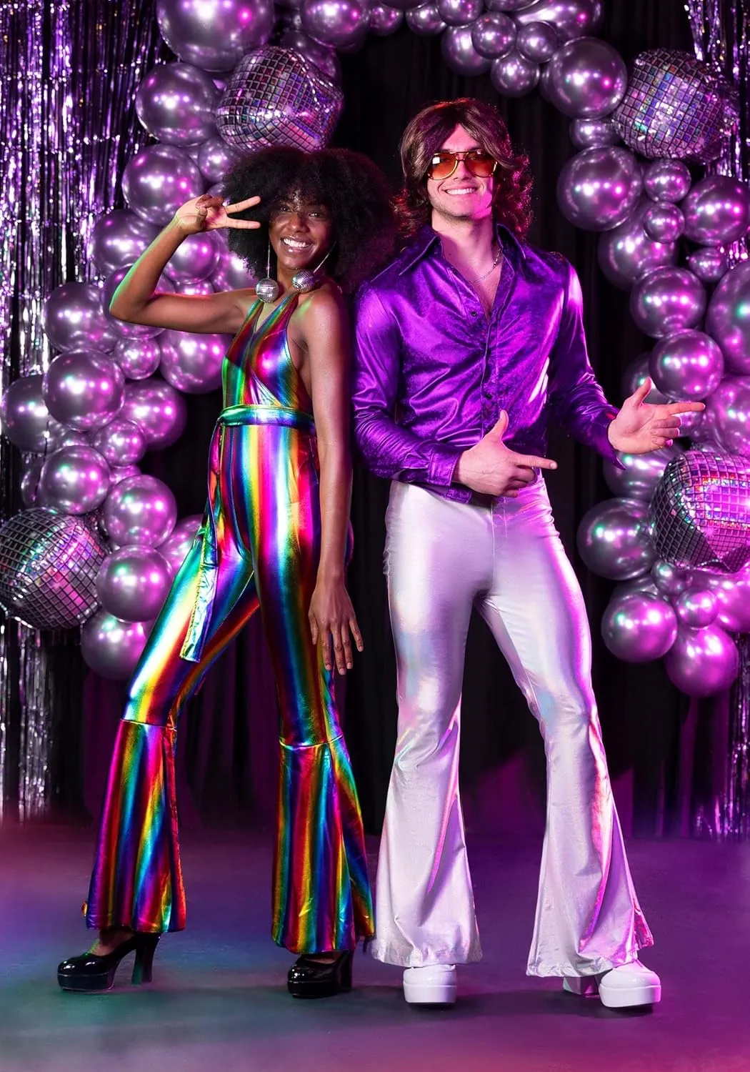 Women's Rainbow Rave Disco Costume | Colorful Metallic Jumpsuit & Flared Pants | 70s 80s Outfits