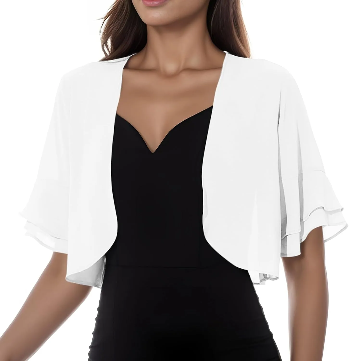 Women's Ruffle Shrugs Sheer Chiffon Short Sleeve Open Front Bolero Shrug Cropped Cardigan for Evening Dress