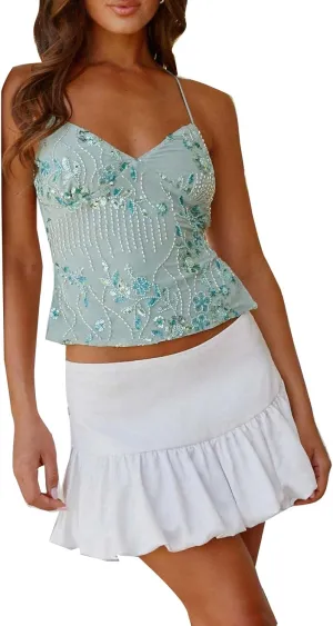 Womens Sequin Sparkle Halter Crop Tops Sexy Pearl Embellished Cami Tank Tops Y2k Bling Glitter Rhinestone Camisole